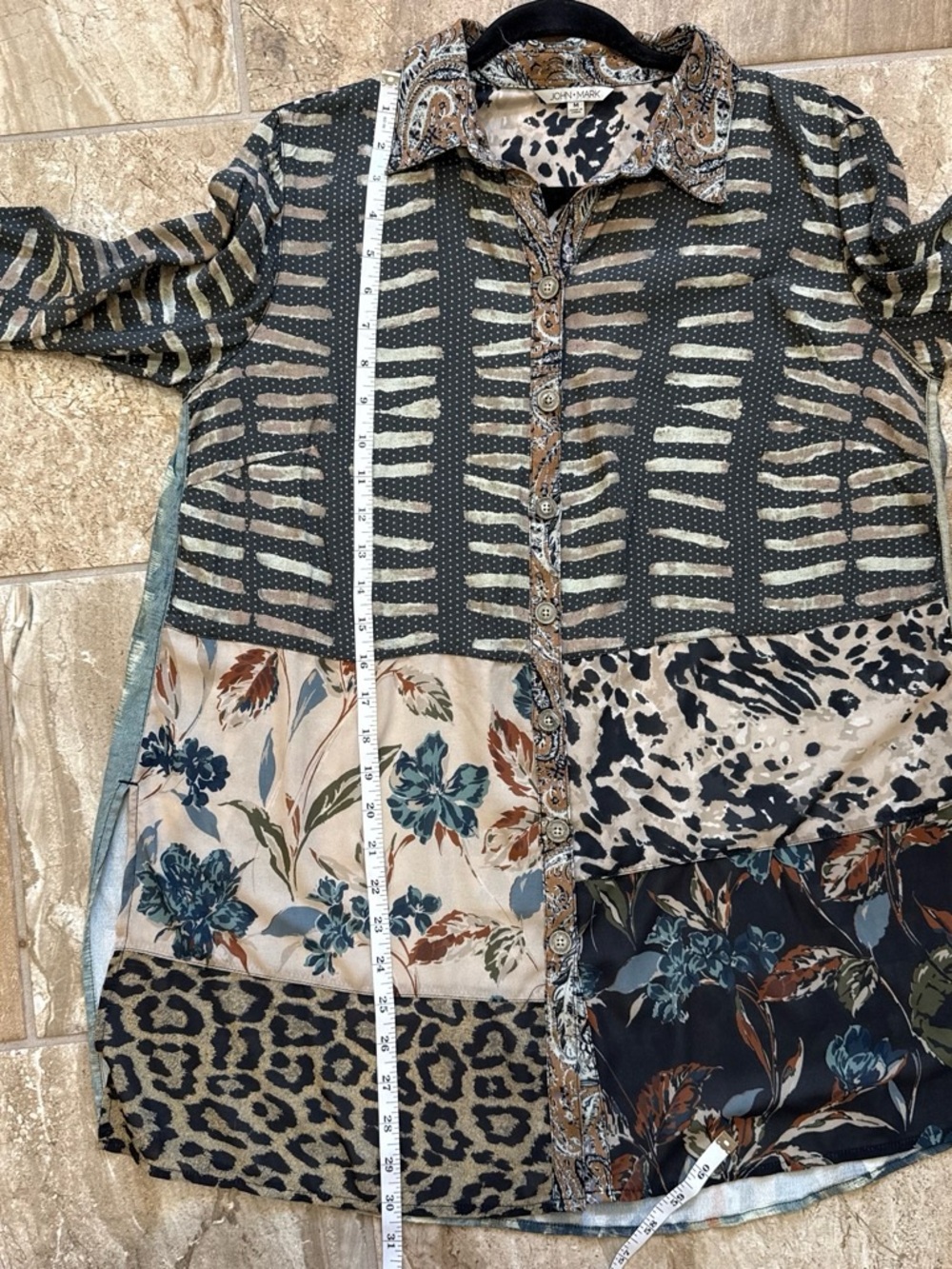 John Mark Black & Cream Mixed-Print Button Front Blouse with Brown Accents - Picture 5 of 6